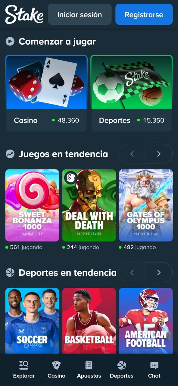 Explora la pantalla de inicio para acceder rápidamente a juegos y deportes en Stake.