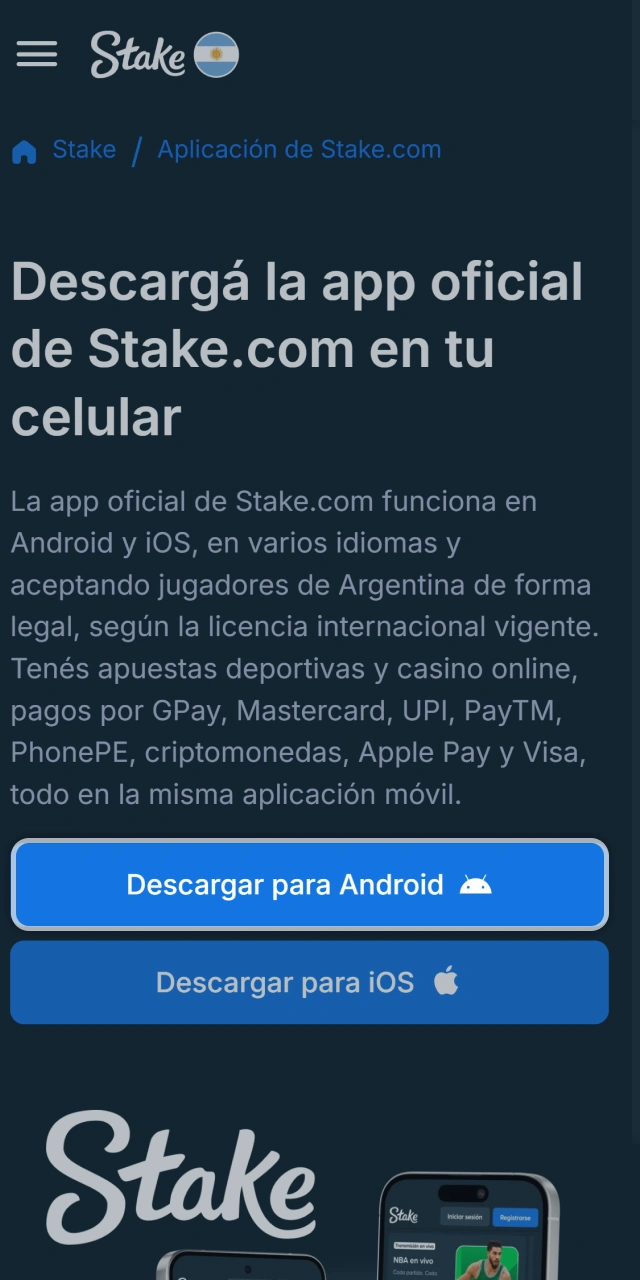 Selecciona el botón de descarga para Android en la página oficial de Stake.