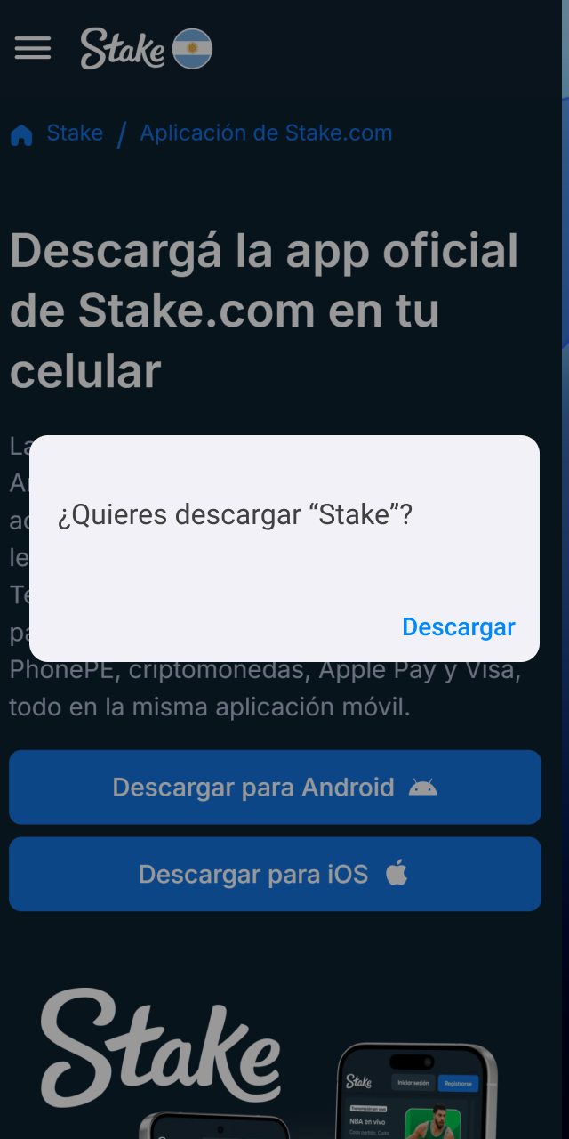 Acepta la solicitud de descarga en tu dispositivo para tener Stake.