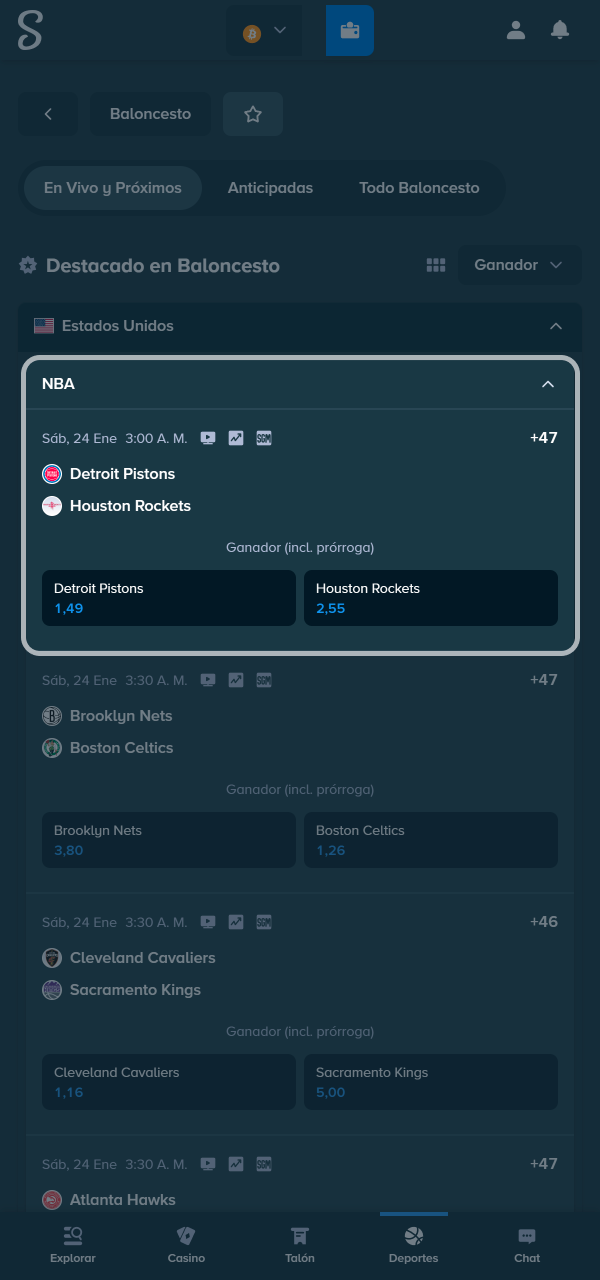 Explorá ligas de básquet y elegí tu partido en Stake.