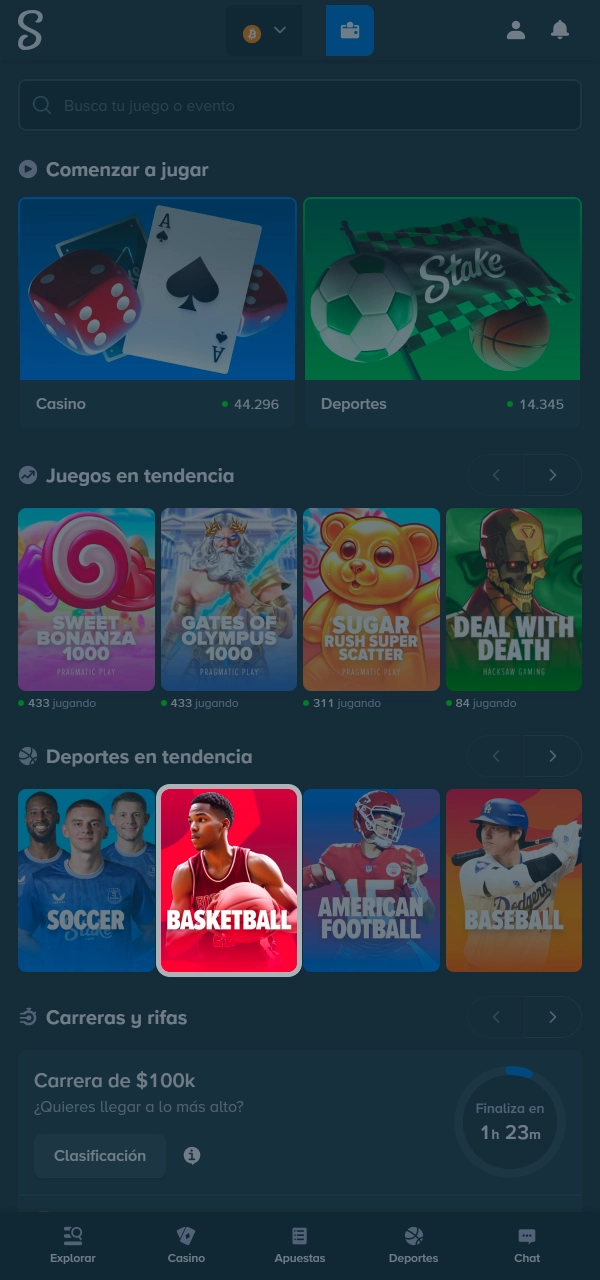 Entrá a deportes y elegí básquet fácilmente en Stake.