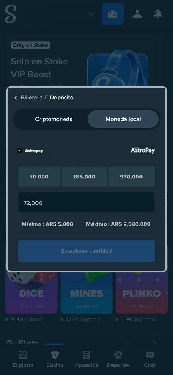 Hacé tu primer depósito en pesos argentinos en Stake de forma rápida.