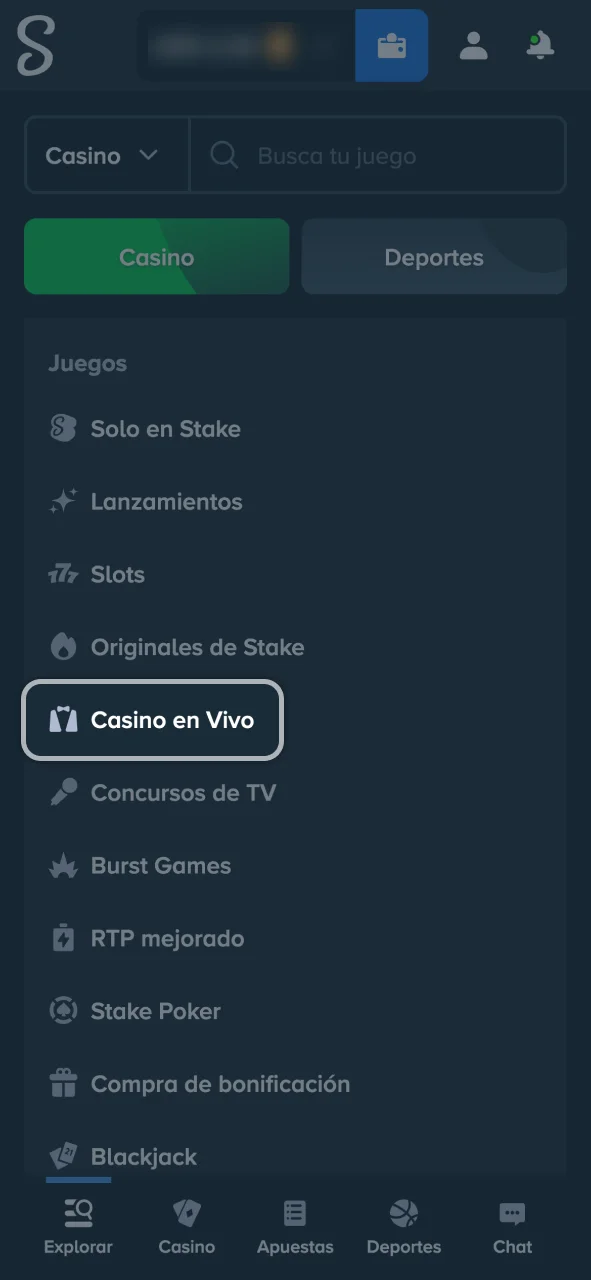 Entrá al casino en vivo de Stake y elegí ruleta, blackjack, bacará o póker.