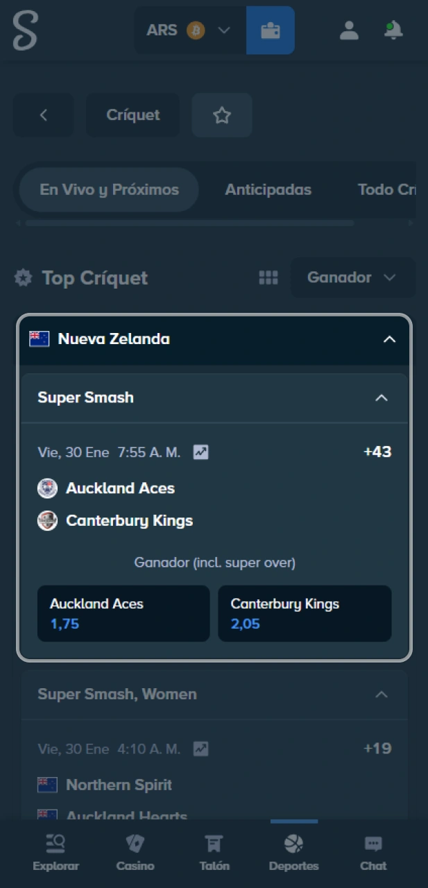 Selecciona mercados de cricket en el sitio oficial Stake Argentina.