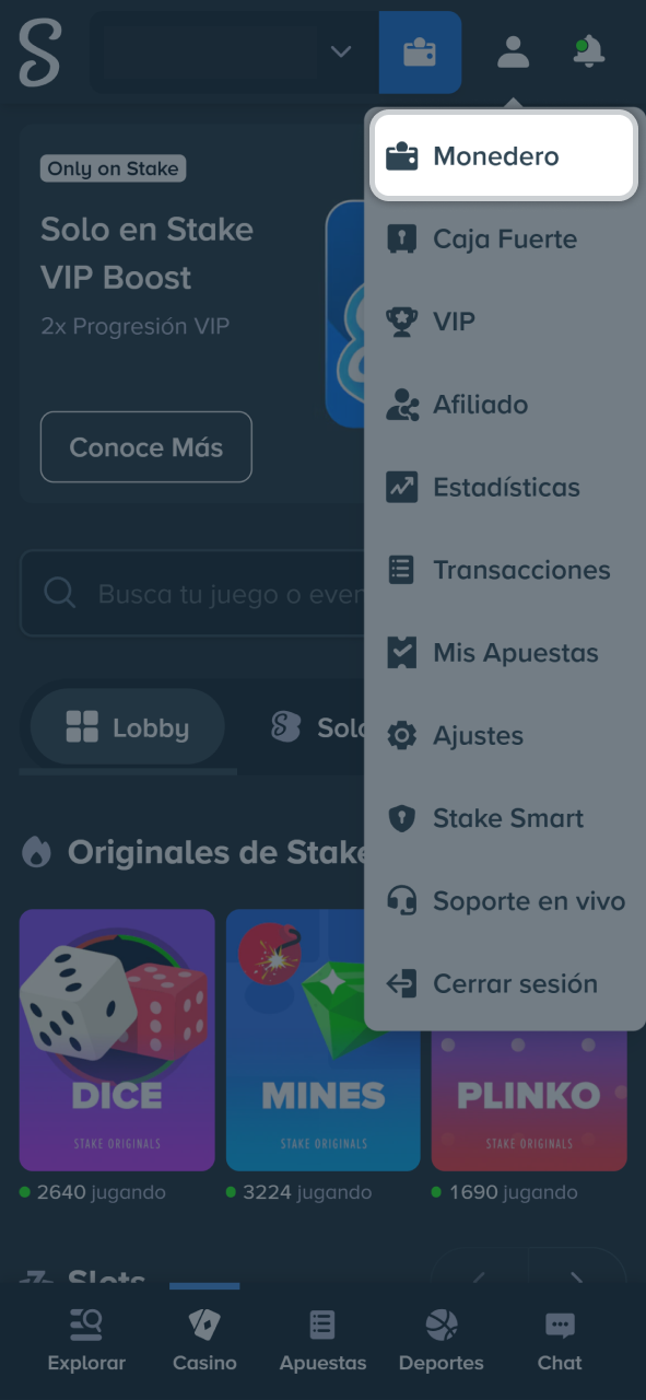 Despliega el menú y haz clic en el botón de monedero de Stake.