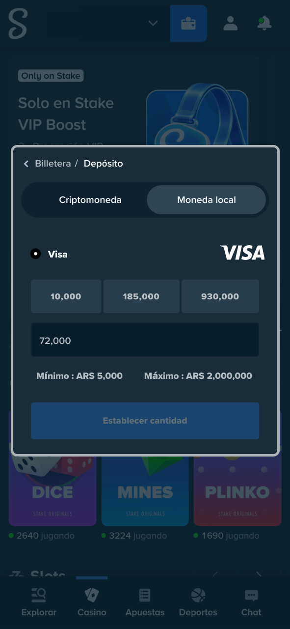 Escribe la cantidad de dinero a ingresar en la plataforma Stake.