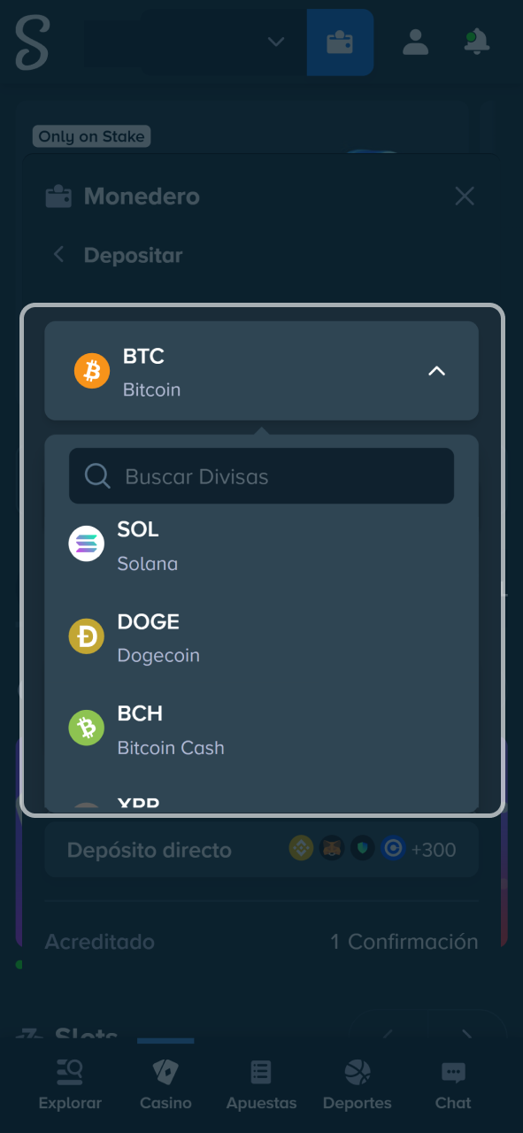 Elige tu criptomoneda o divisa favorita para recargar en Stake.