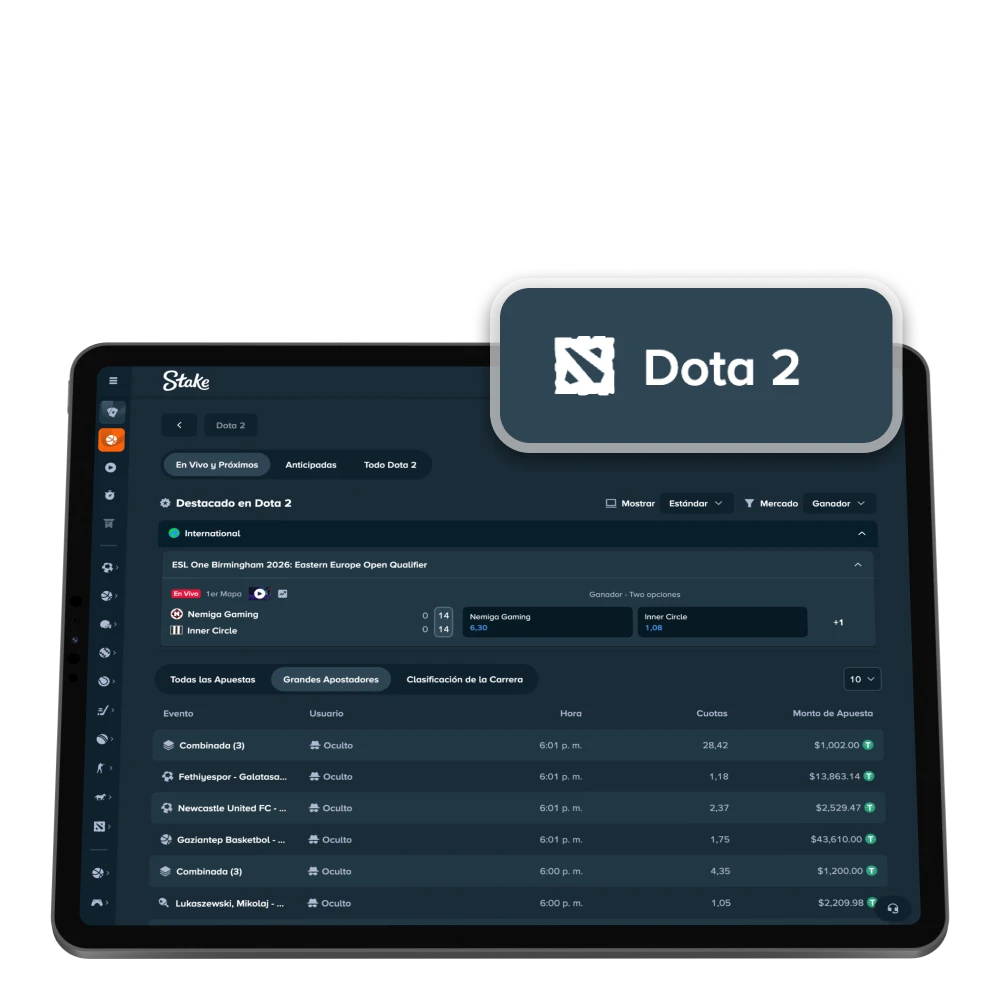 Empieza a apostar en Dota 2 con la casa de apuestas Stake.