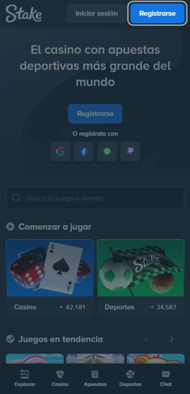 Crea tu cuenta de usuario en el sitio oficial Stake.