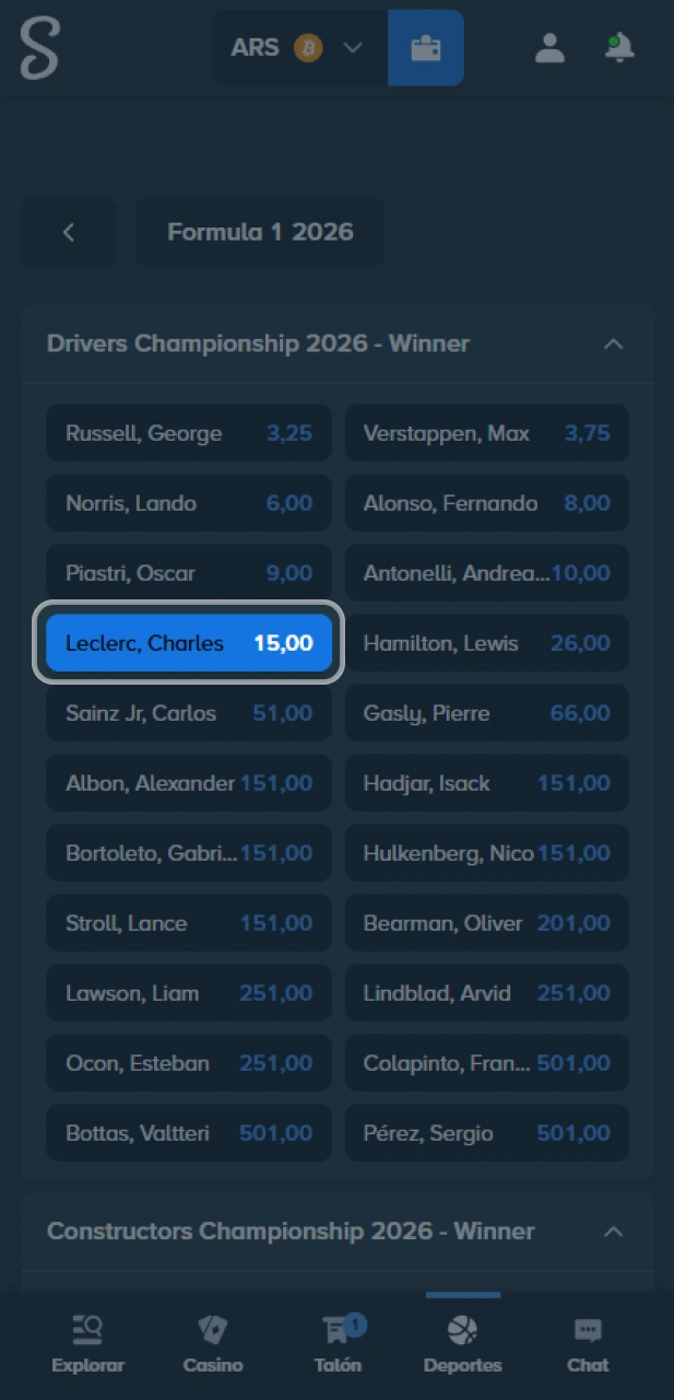 Elige mercados de automovilismo en el sitio oficial Stake Argentina.