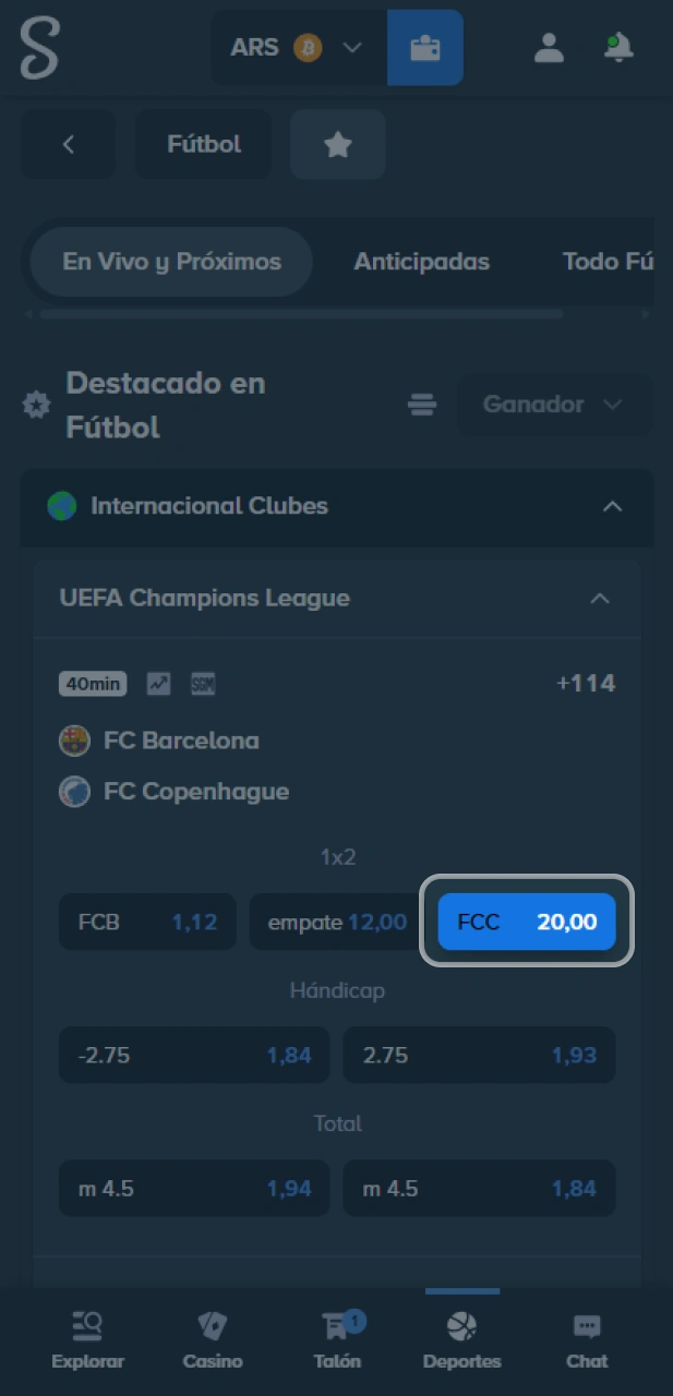 Selecciona tipos de apuestas en la web oficial de Stake.