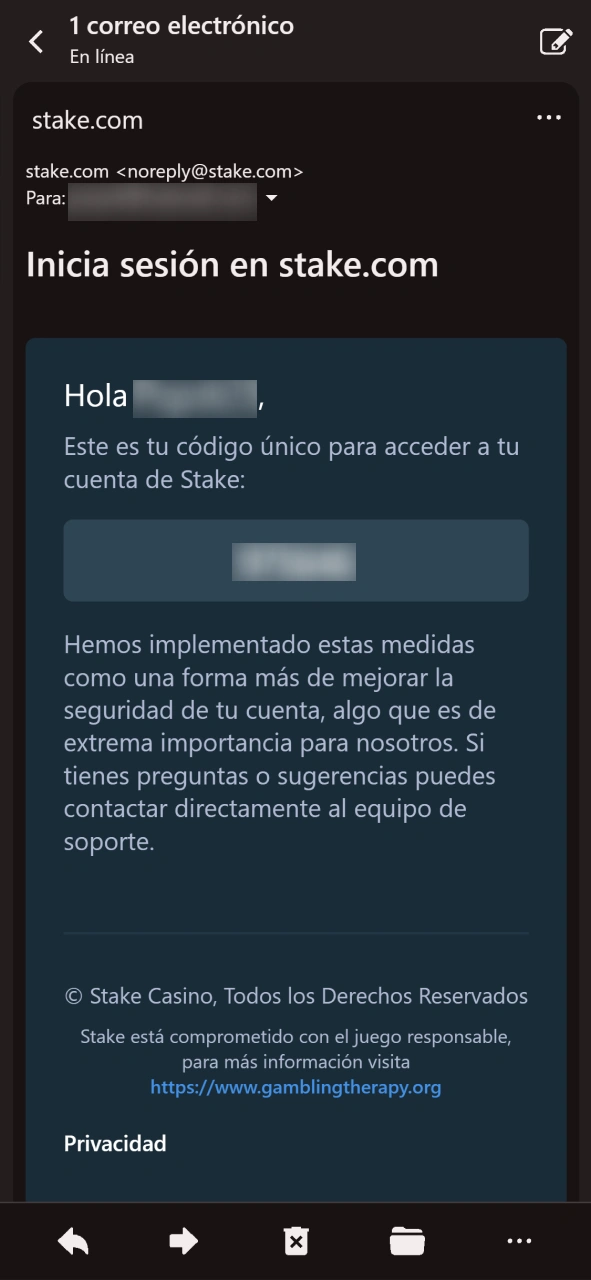 Copia el código de seguridad enviado a tu email por Stake.