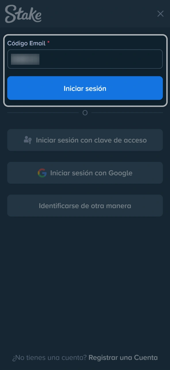 Introduce el código de verificación para entrar en tu cuenta Stake.