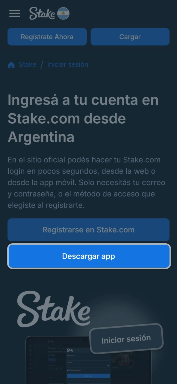 Selecciona la opción de iniciar sesión en la pantalla de bienvenida de Stake.