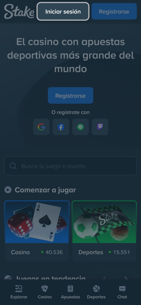 Pulsa el botón superior para abrir el formulario de acceso en Stake.