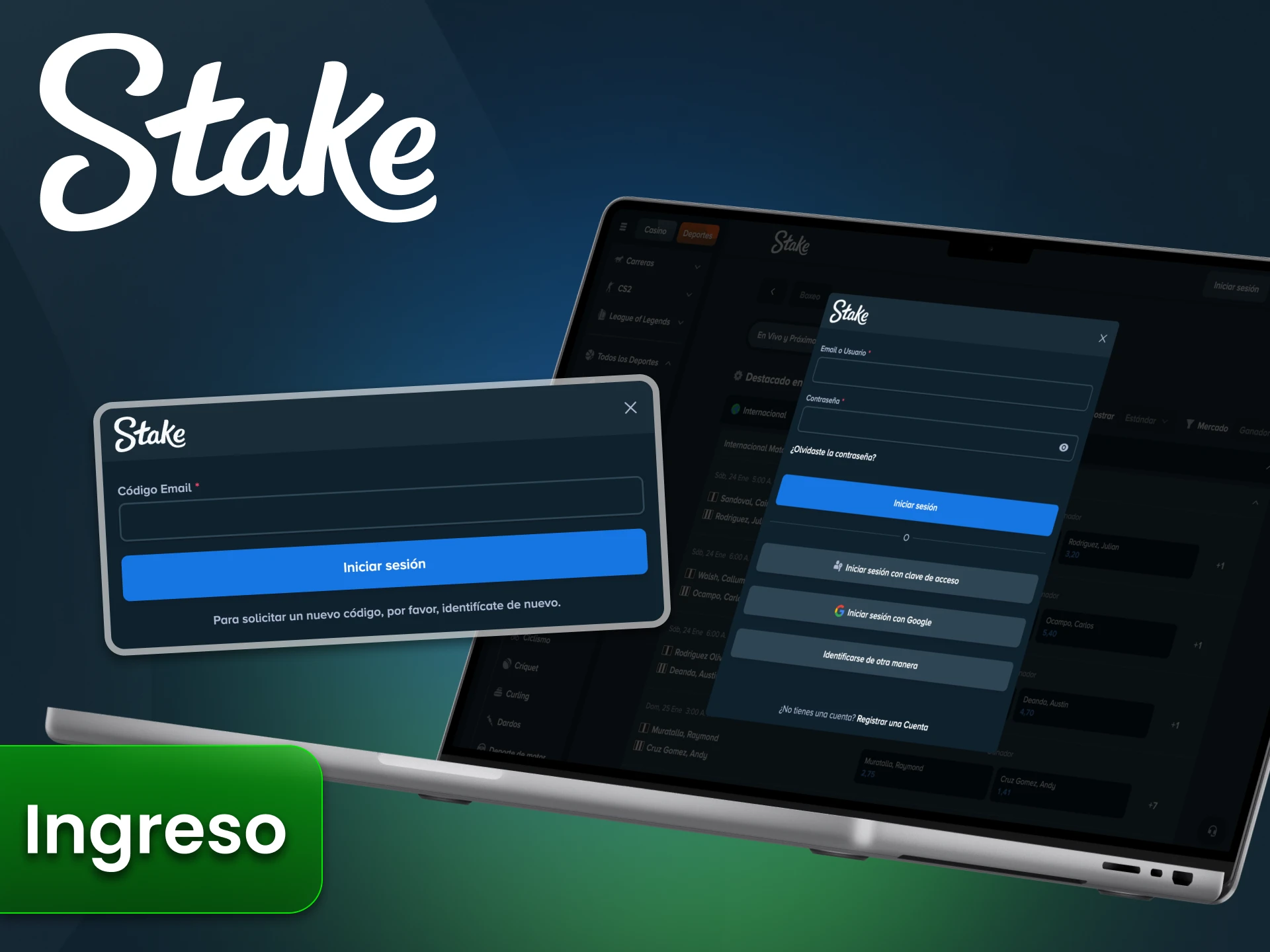 Stake ofrece el método más utilizado para iniciar sesión.