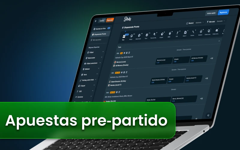 Puedes elegir las apuestas previas al partido en la plataforma Stake.