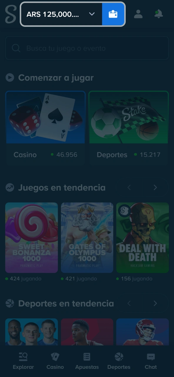 Pulsa el icono de la billetera azul para ver tu saldo en Stake.