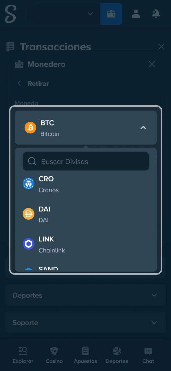 Selecciona tu método de pago preferido de la lista desplegable en Stake.