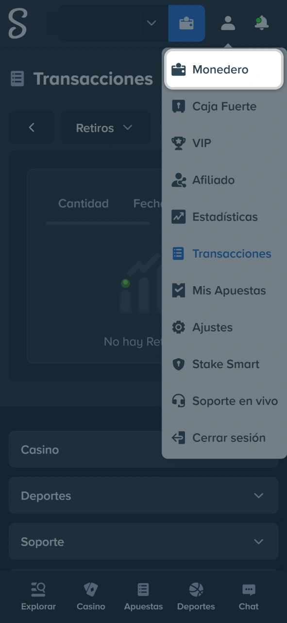 Accede al monedero desde el menú de usuario para gestionar tus fondos en Stake.