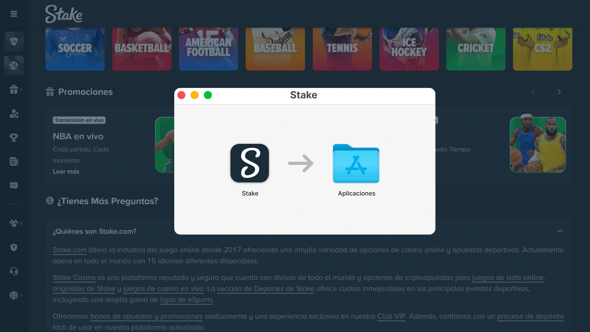 Arrastra el icono a la carpeta de aplicaciones para finalizar la instalación de Stake.