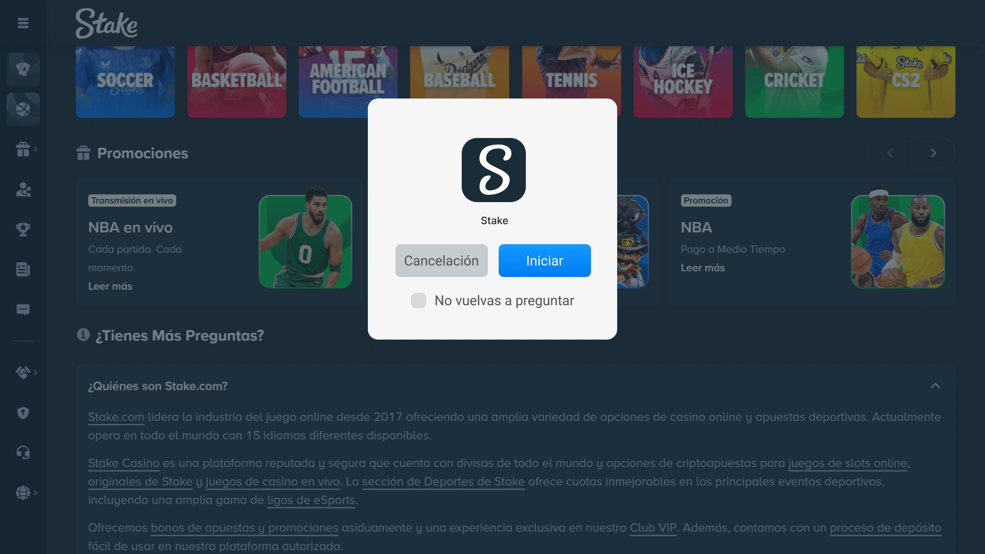 Autoriza la apertura del programa seleccionando iniciar en la ventana de Stake.