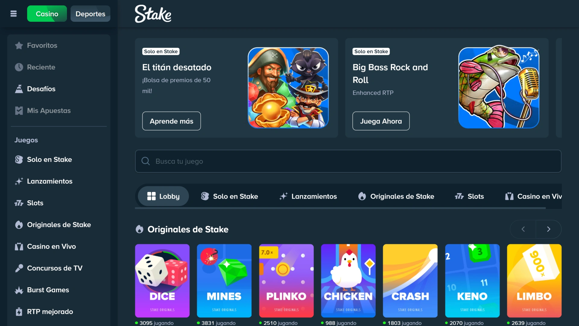 Explora el lobby de juegos desde tu escritorio con la app de Stake.