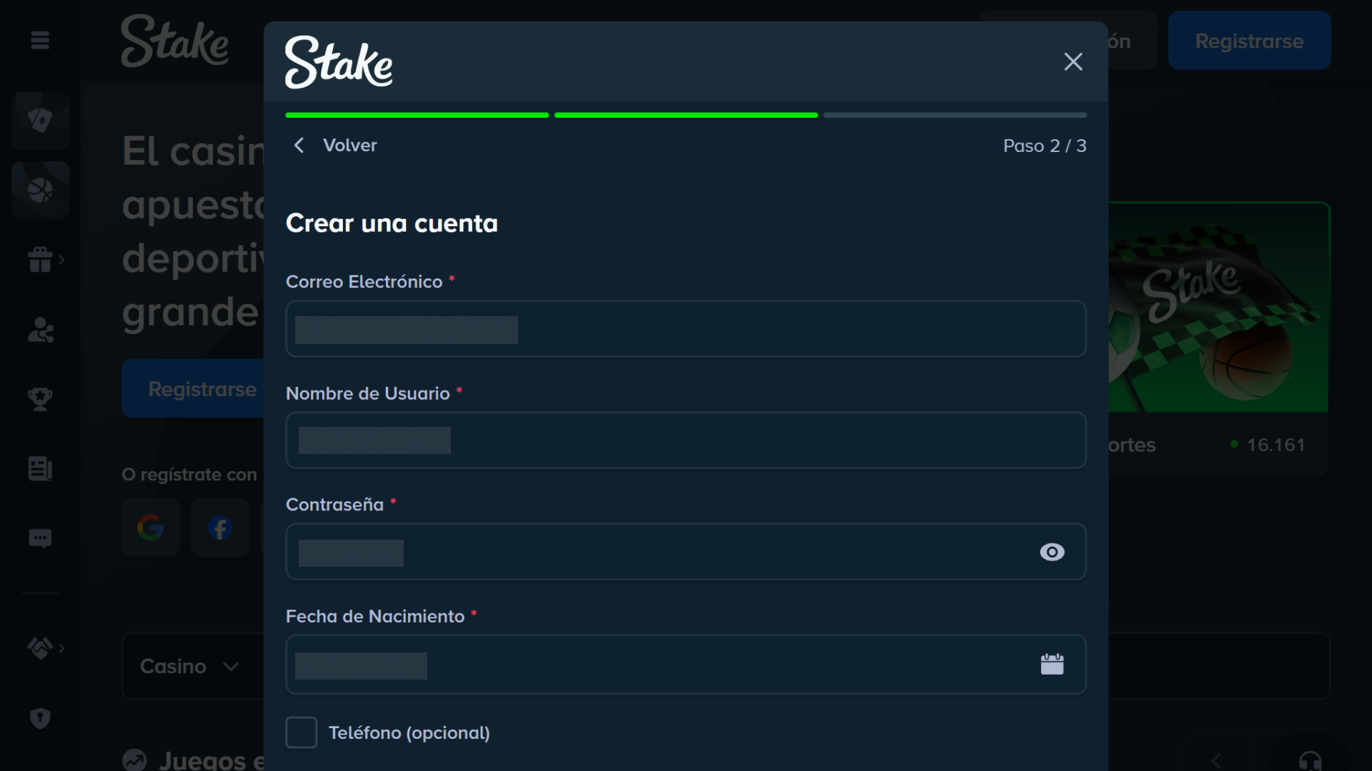 Crea una cuenta nueva completando tus datos en el formulario de Stake.