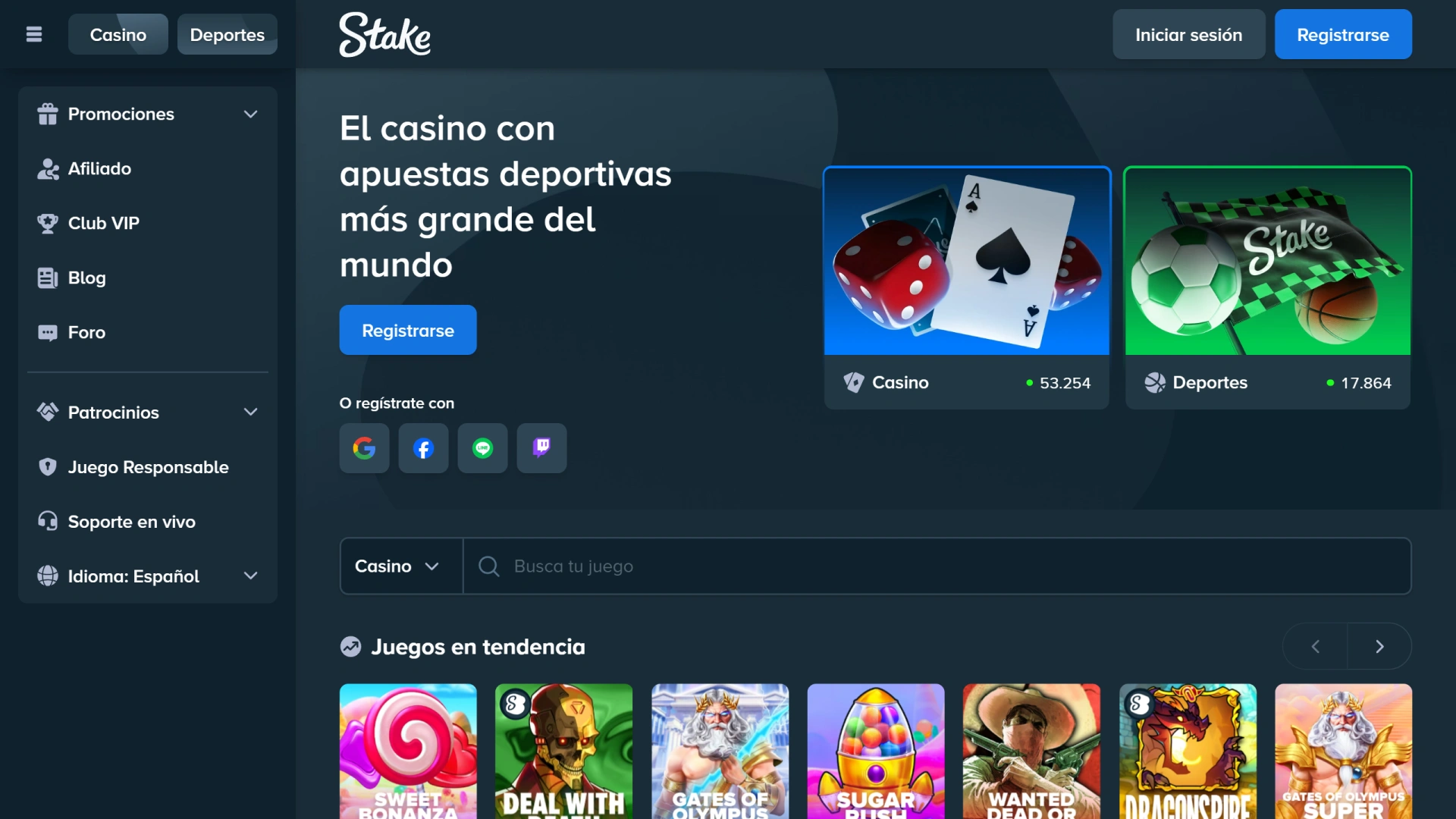 Explora la interfaz completa del casino desde tu escritorio con Stake.