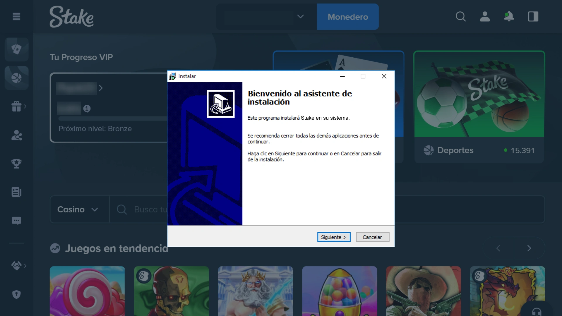 Sigue los pasos del asistente para instalar el software de Stake en tu ordenador.