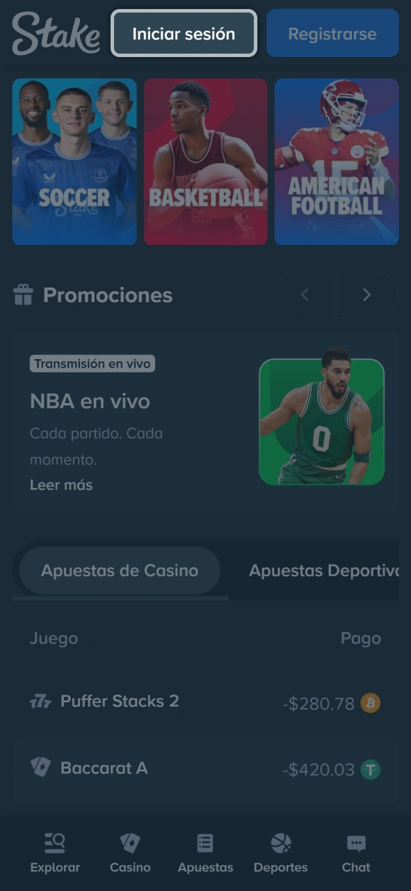 Haz clic en el botón superior para iniciar sesión rápidamente en Stake.