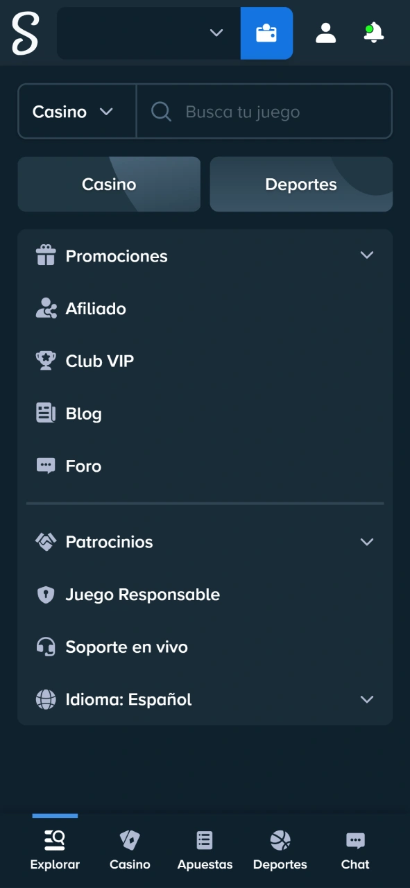Entra y navega por el menú de categorías exclusivo de Stake.