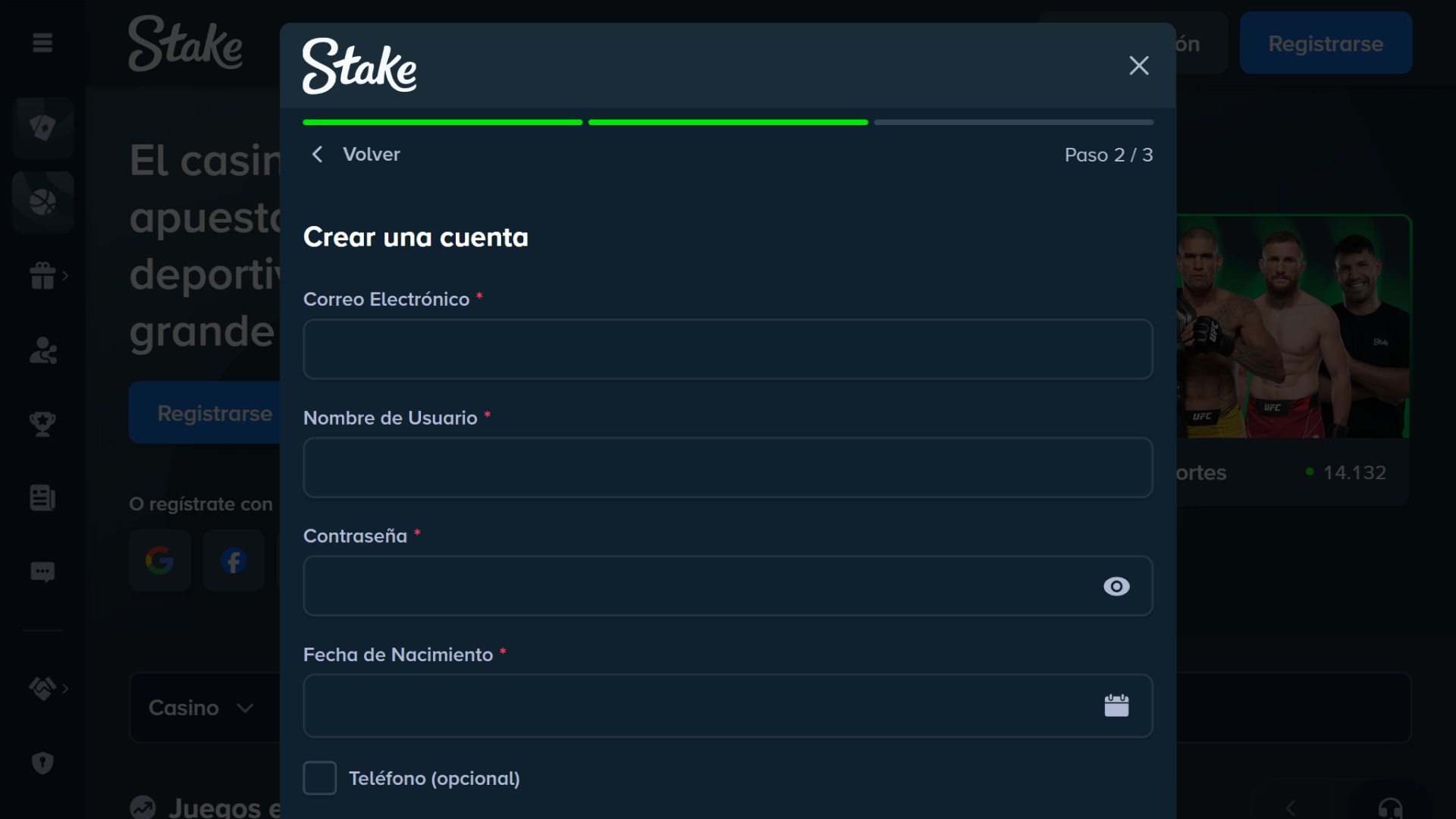 Introduce tus datos en el formulario para registrarte en Stake.