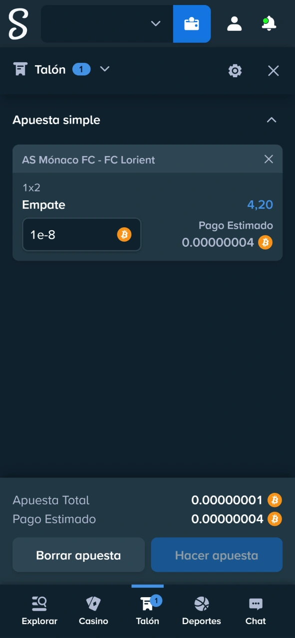 Introduce el monto de tu jugada en el cupón digital de Stake.