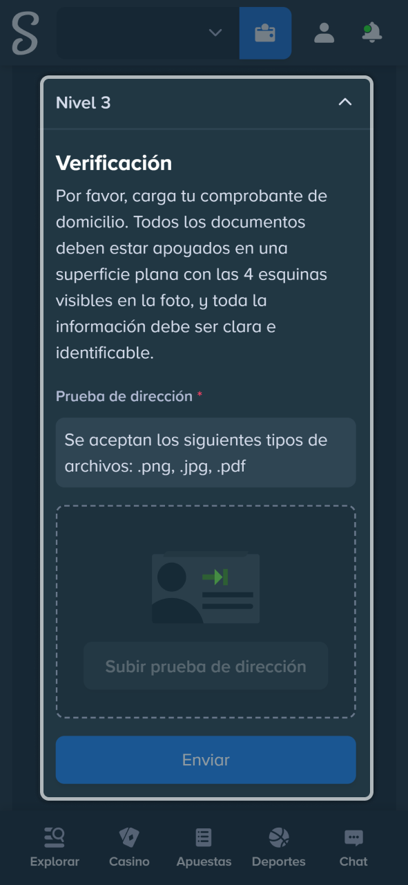 Adjunta un comprobante de domicilio válido para completar el nivel 3 en Stake.