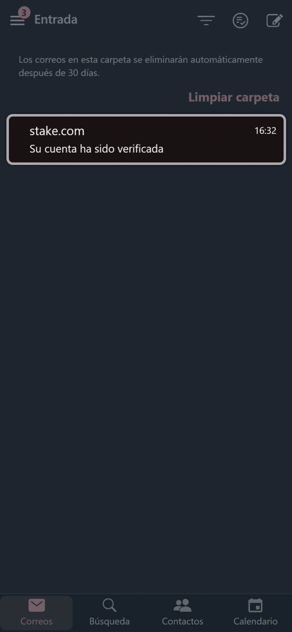 Verifica la recepción del correo de confirmación de cuenta enviado por Stake.
