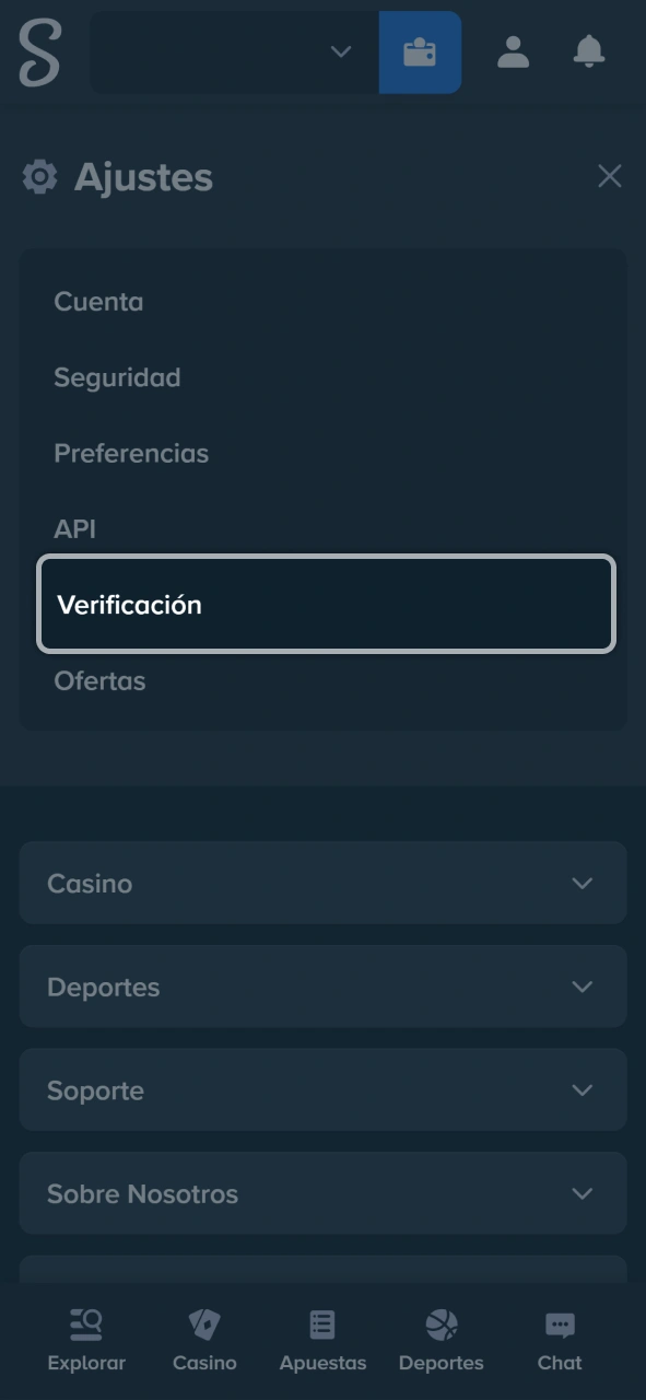 Ingresa en la sección de verificación a través de los ajustes de Stake.