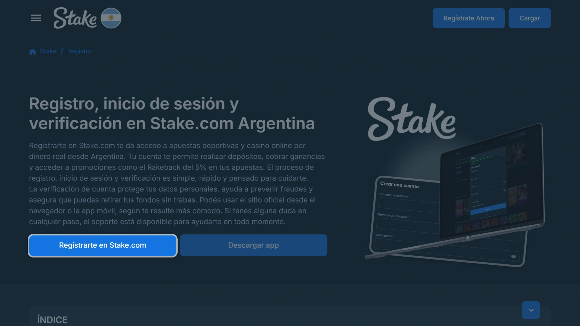 Haz clic en el botón azul para iniciar el proceso de registro en Stake.