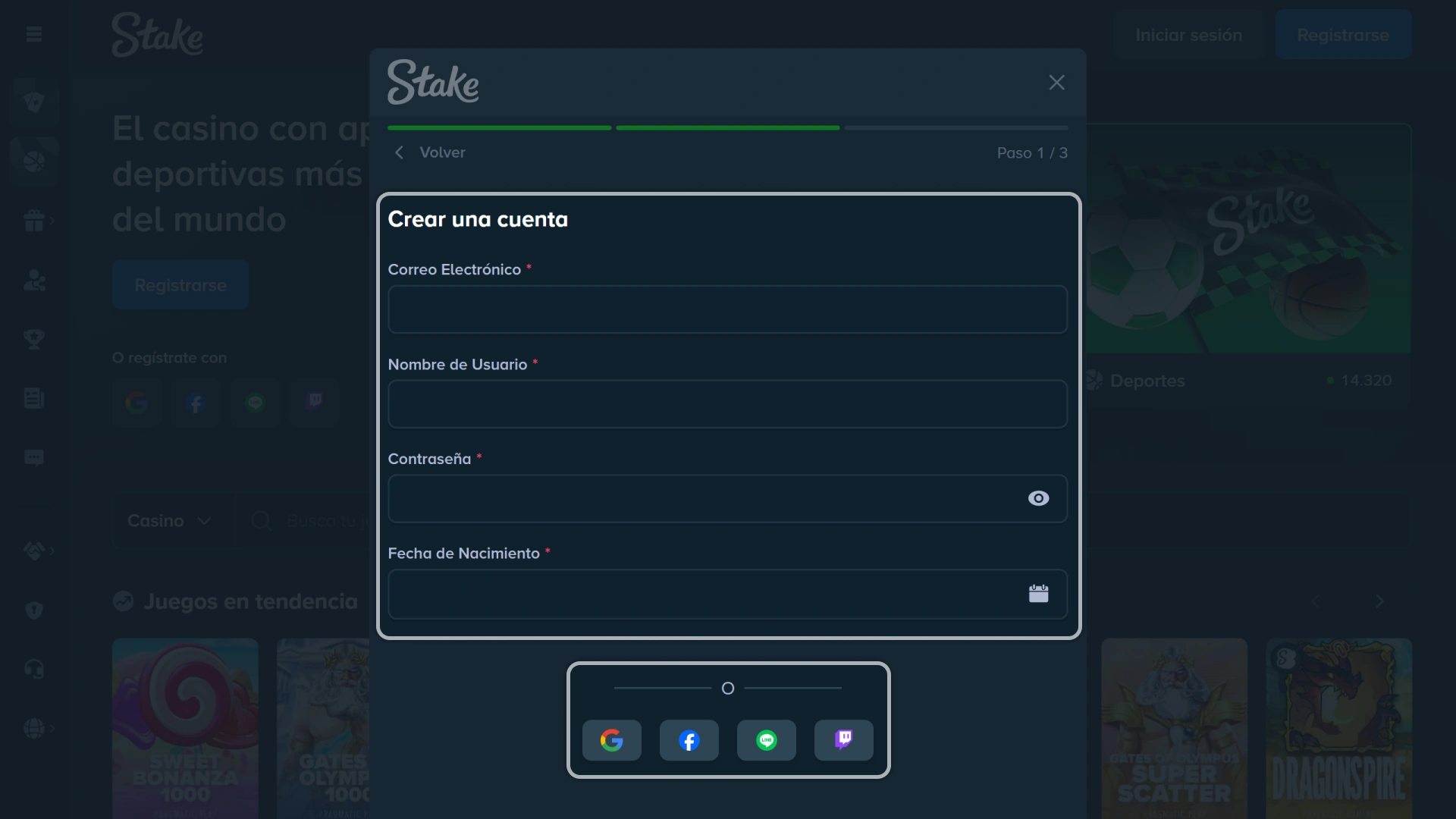 Selecciona tu método de registro preferido, ya sea correo o redes sociales, en Stake.