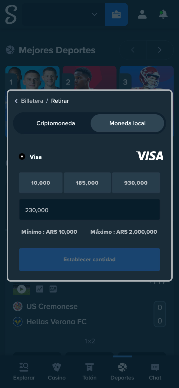 Escribe la cantidad exacta de dinero que deseas transferir desde Stake.