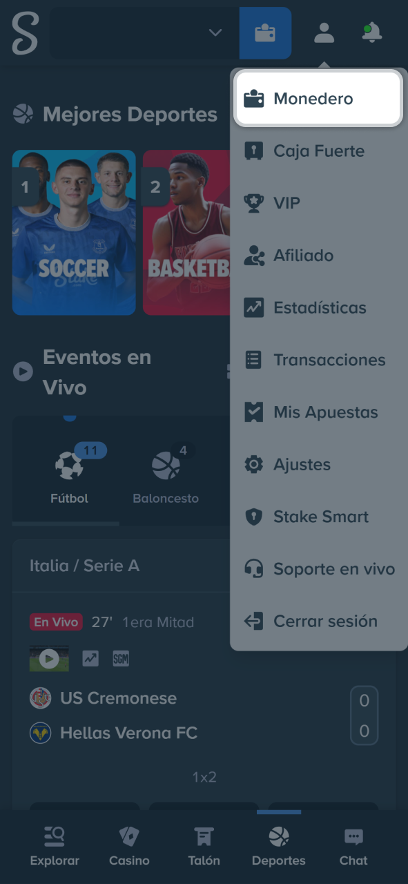 Dirígete al menú principal y haz clic en la opción de monedero en Stake.