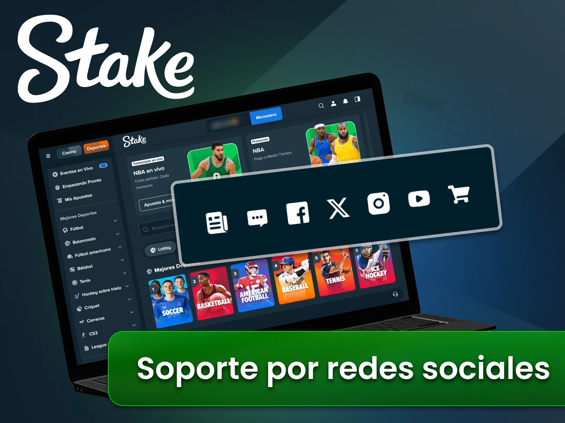 Contactá el soporte de Stake por redes sociales para consultas generales y seguimiento.
