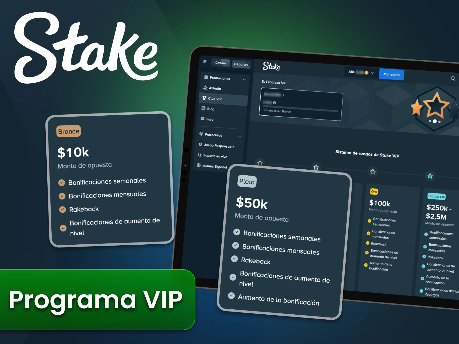 Únete al programa VIP de Stake para obtener beneficios progresivos.