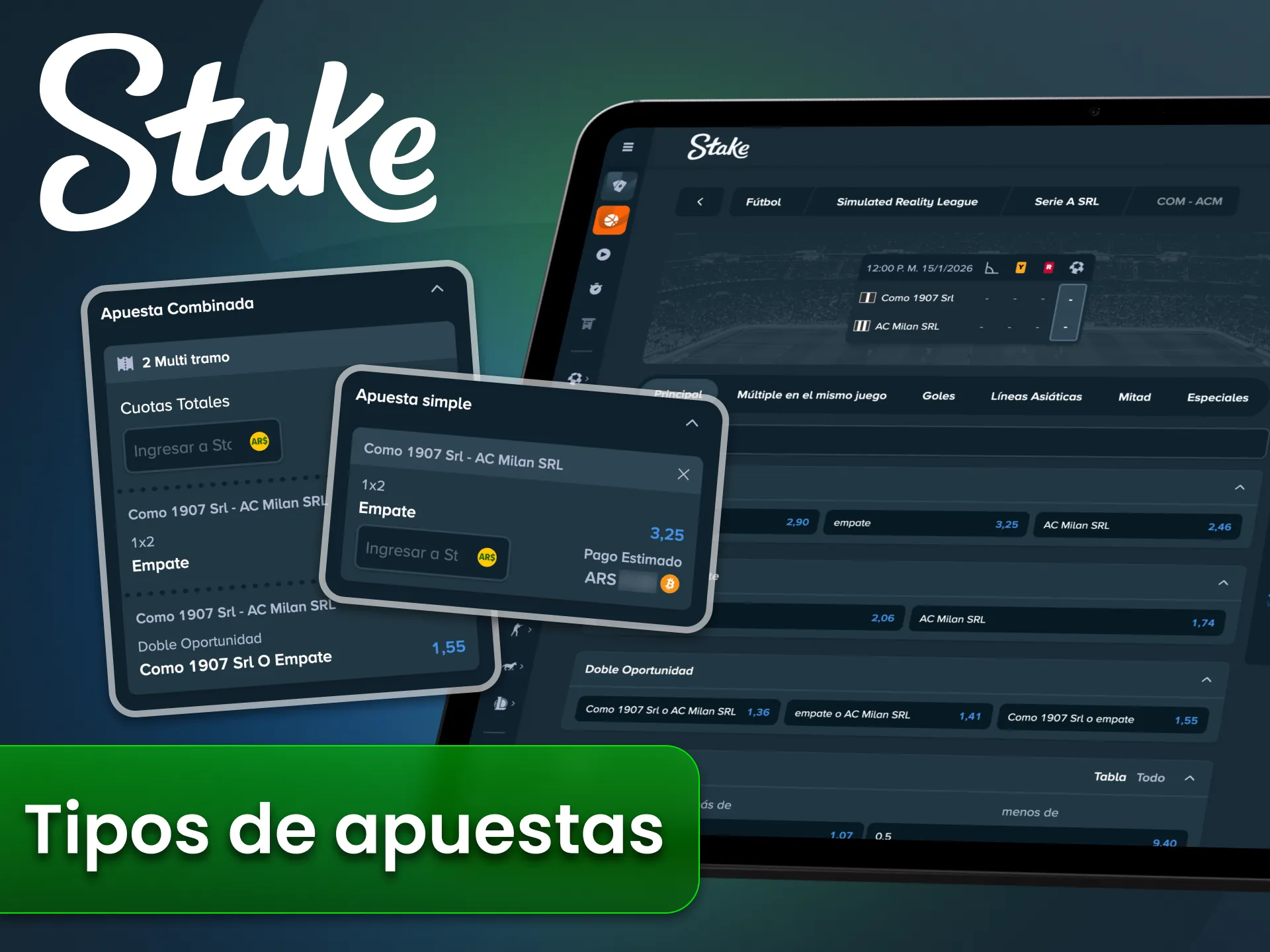 Stake ofrece apuestas simples, combinadas y de sistema.