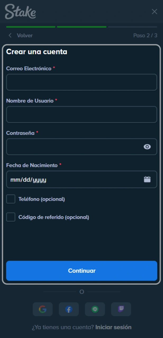 Crea tu perfil de usuario en el sitio oficial Stake.
