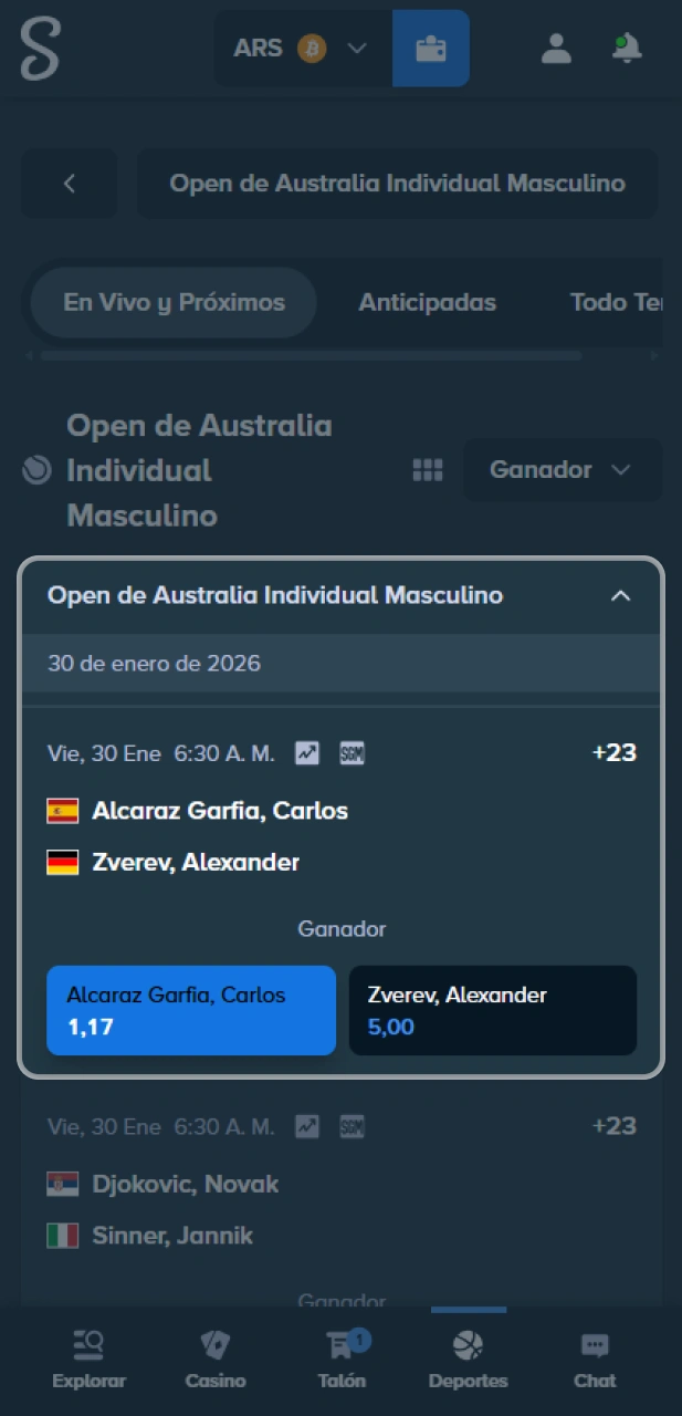 Elige cuotas de tenis en la plataforma oficial de Stake.