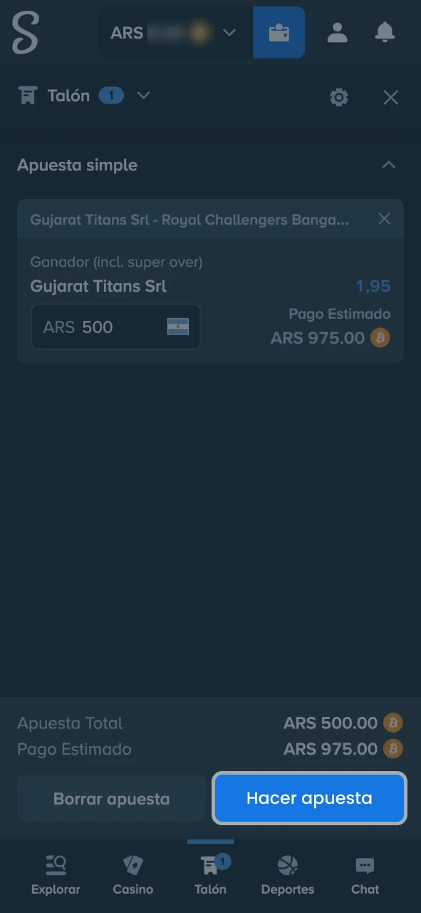 Confirma tu boleto de apuestas y sigue el evento en Stake.