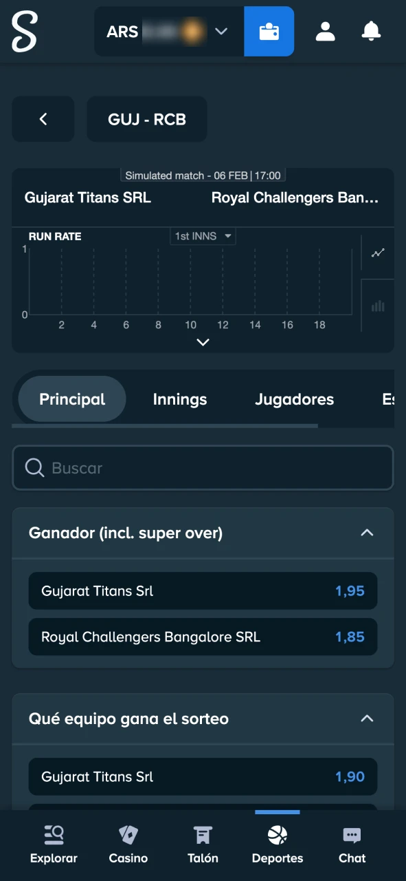 Elige un partido o evento en el que quieras apostar en Stake.