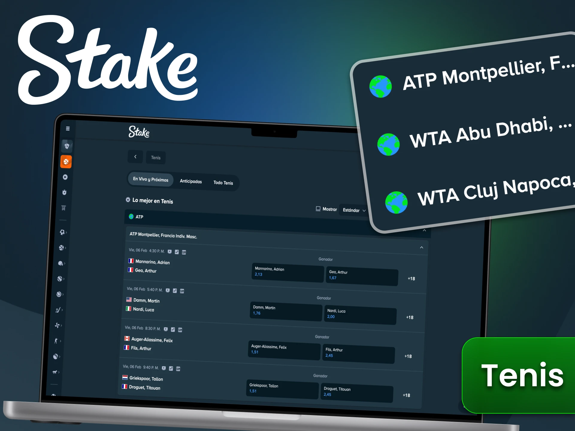 En Stake tennis puedes apostar en ATP, WTA y otros.