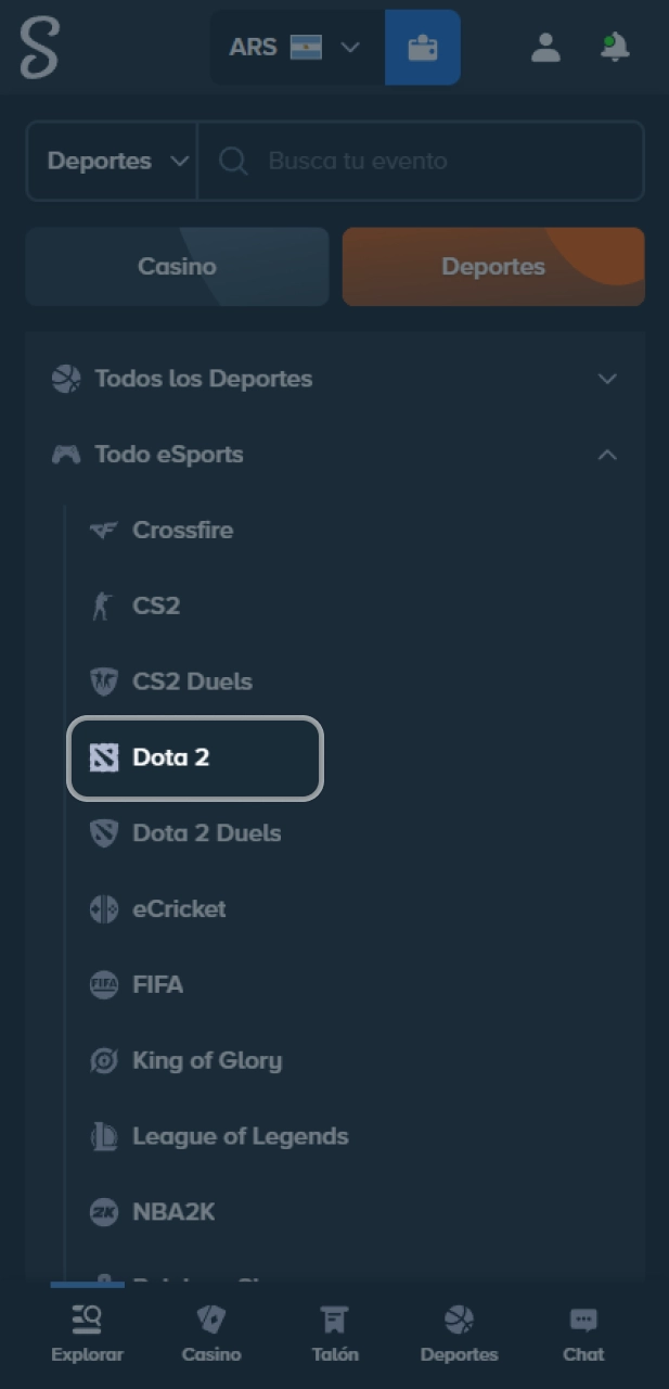 Selecciona torneos de Dota 2 en el sitio oficial Stake.